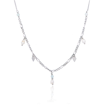 *WiOGA Petrea halskæde sølv med halvædelsten og ferskvandsperle (38+5cm)