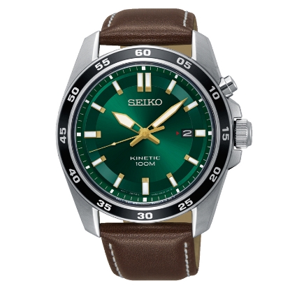 Billede af Seiko Kinetic herreur stål brun læderrem grøn urskive 10 bar mineral glas