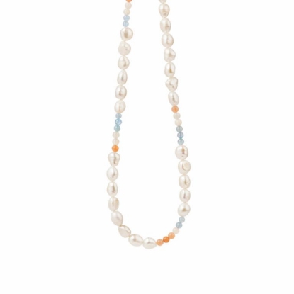 Billede af Susanne Friis Bjørner Halskæde sølv forgyldt med akvamarin, hvid månesten, fersken månesten og hvid ferskvandsperle, 42-47cm