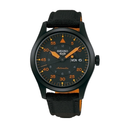 Billede af Seiko 5 Sports automatic herreur stål sort/orange natorem 10bar 39mm