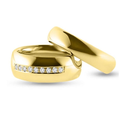 Billede af 1 par ringe, damering med 9 brill. + glat herrering 14 kt.