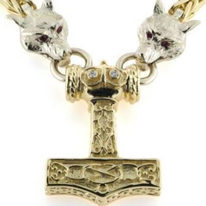 Billede af Halskæde med thorshammer og 2 ulvehoveder 14 kt.