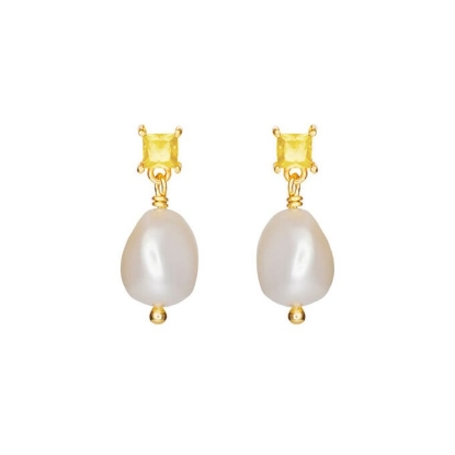 Billede af Susanne Friis Bjørner ørestikker forgyldt sølv m. ferskvandsperle og gul cz.