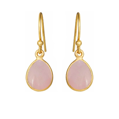Billede af Susanne Friis Bjørner Ørering sølv forgyldt dråbe med calcedon lyserød krystal