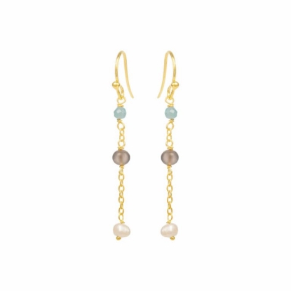 Billede af Susanne Friis Bjørner øreringe i sølv forgyldt med amazonit, grå månesten, hvid ferskvandsperle ca. 4,5 cm