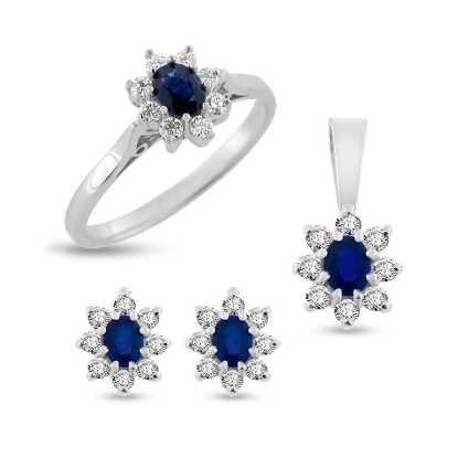 Billede af Sapphire Devotion smykkesæt m. ring, øreringe og vedhæng i 14 kt. hvidguld med safir og brillanter