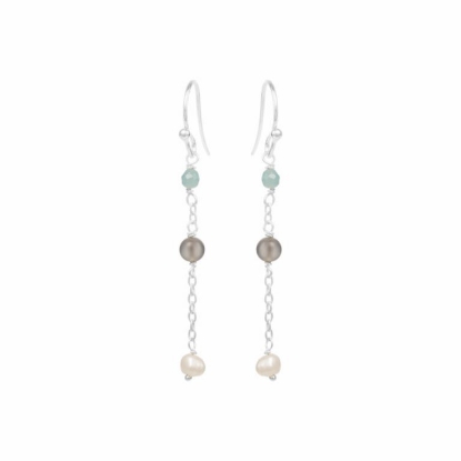 Billede af Susanne Friis Bjørner øreringe i sølv med amazonit, grå månesten, hvid ferskvandsperle ca. 4,5 cm