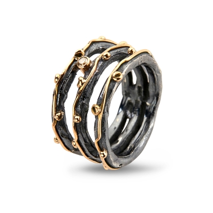 Billede af By Birdie Zeus Tribeca-1 ring sort rhodineret sølv m.14kt, og 0,05 ct brillant (str. 52-60)