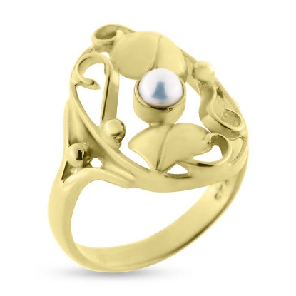 Billede af Ring med snirkler, hjerter, blade og perle