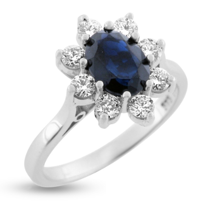 Billede af Rosetring med facet mørk blå safir 8,1*6,2 mm. & 8 * brill. a 0,07 w/vs 14 kt. hvg.