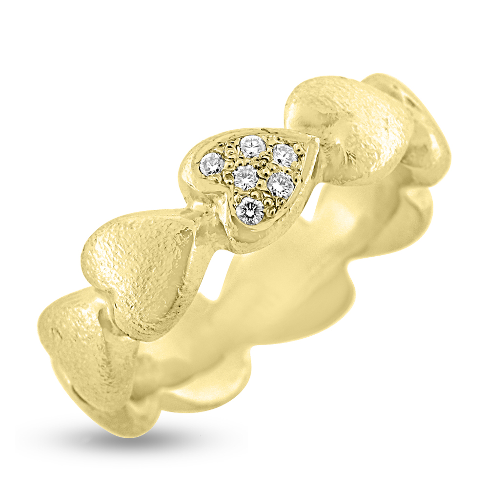 Ring hjerter, isat 6 brill. i et hjerte, 6*0,01 w/vs. 14 kt. facon + 9 ...