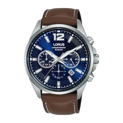 Billede af *Lorus Sports herreur stål chronograph blå skive brun læderrem 43mm 10bar