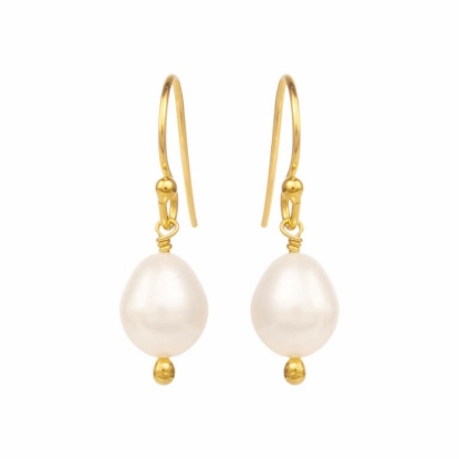 Billede af Susanne Friis Bjørner bøjleørering sølv forgyldt, hvid oval ferskvandsperle 7-8mm