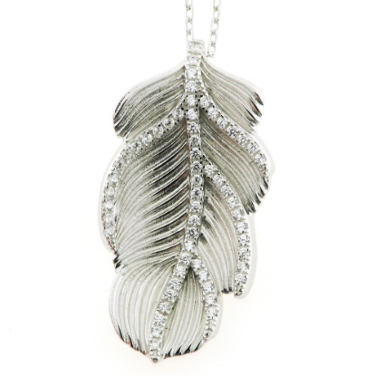Billede af by Pind halskæde blad vedh m. synt zir. sølv rhd 40+5cm