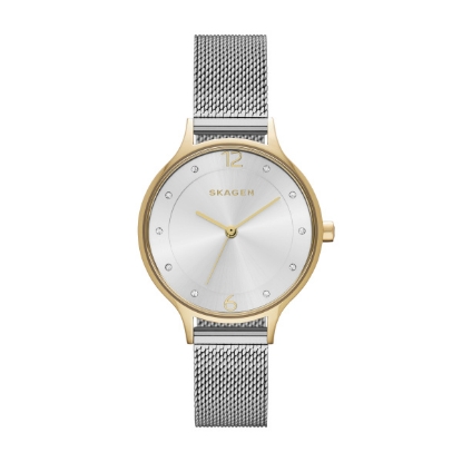 Billede af Skagen Designs, Dameur, stål double bi-color, hvid skive 30 mm., mesh lænke