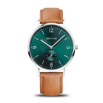 Billede af Bering Classic herreur stål brun læderrem grøn skive 40mm safirglas