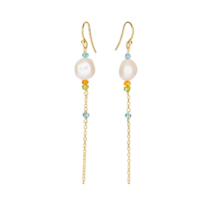 Billede af *Susanne Friis Bjørner Øreringe sølv forgyldt, hvid ferskvandskeshi perle og kæde med apatit, karneol, peridot 