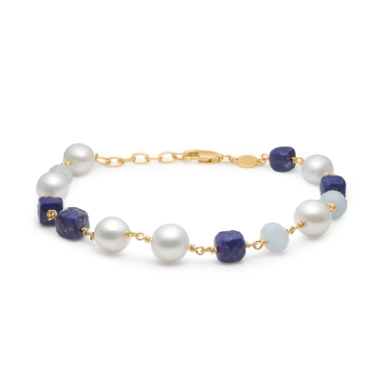 Billede af Mads Z "Treasure" armbånd 14kt. guld m. lapis, aquamarin og perle (18,5-20,5cm)
