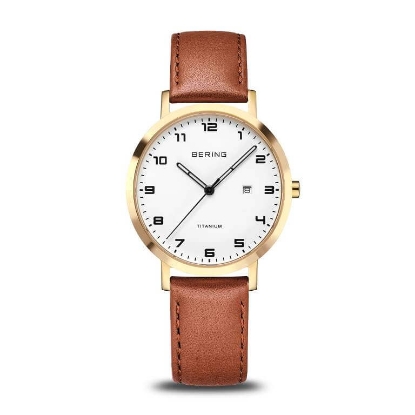 Billede af Bering Titanium dameur gulddoublé brun kalvelæderrem 34mm 5 bar