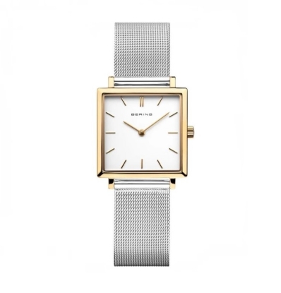 Billede af Bering Classic dameur kvadratisk skive meshlænke i gulddublé stål hvid skive safirglas