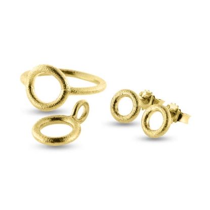 Billede af Sølv forgyldt Smykkesæt Circles 11 mm., Ring, Vedh. & Ørestik, 925s (overflade sand)