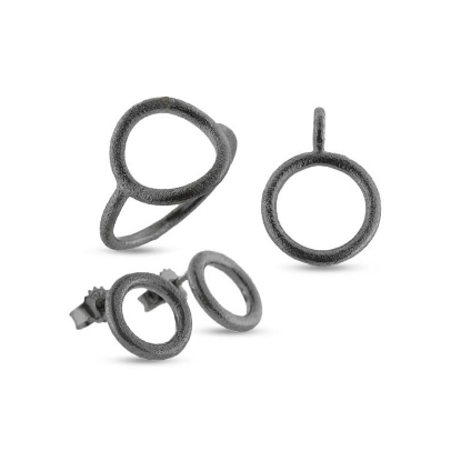 Billede af Smykkesæt Circles 15 mm. i oxideret sølv, Ring, Vedh. & Ørestik (overflade sand)