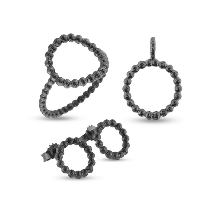 Billede af Smykkesæt Circles, kugletråd 15 mm. i oxideret sølv, Ring, Vedh. & Ørestik (12mm)