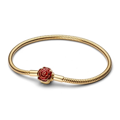 Billede af Pandora Disney Skønheden og Udyret Fortryllet Rose slangekædearmbånd forgyldt metalblanding (16-23 cm)