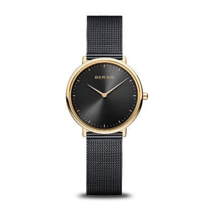Billede af Bering Classic dameur guldoublé sort mesh 29mm 3atm