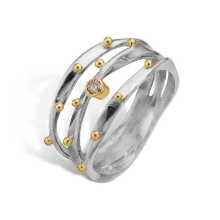 Billede af By Birdie Lotus Trio Plain ring sølv + 14 kt. guld m. brillant (str. 53)