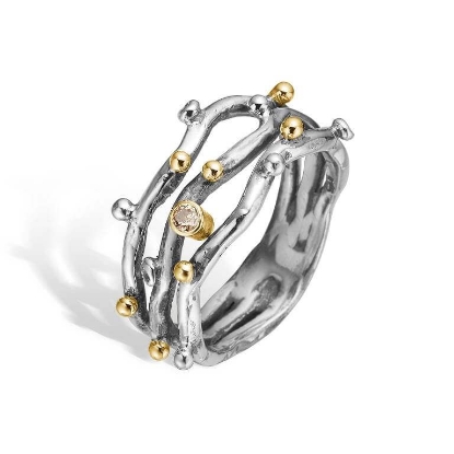 Billede af By Birdie Grace Triple Polished ring sølv + 14 karat guld m. brillant (str. 60)