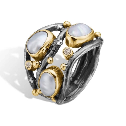 Billede af By Birdie Kepler White Keshi Pearl ring sølv + 14 kt. guld m. perler og brillant (str. 52-60)