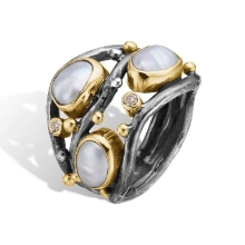 Billede af By Birdie Kepler White Keshi Pearl ring sølv + 14 kt. guld m. perler og brillant (str. 54)