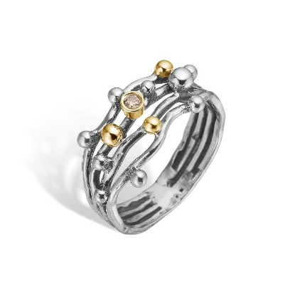 Billede af By Birdie Urban Harlem Buds-4 Polished ring sølv m.14 kt. m. 0,05 ct. diamant (str. 60)