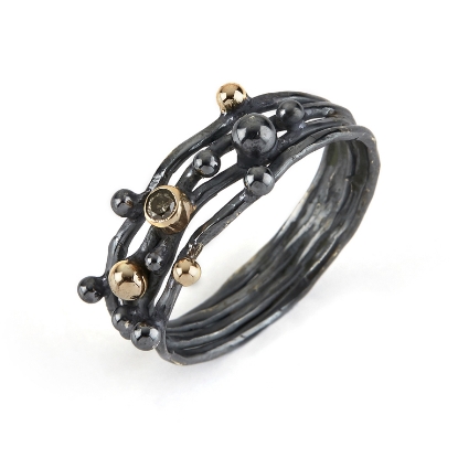 Billede af By Birdie Urban Harlem Buds-4 ring sort rhodineret sølv m.14kt m. 0,05 ct brillant (str. 52-60)