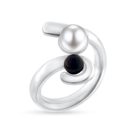 Billede af Ring sølv, perler hvid+sort 