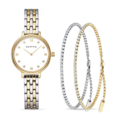 Billede af Bering Classic Gift Set stål gulddoublé 28mm 3bar dameur + 2*armbånd m. cz (17-20cm)