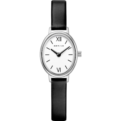 Billede af Bering Classic Oval dameur stål sort læderrem 20mm 3bar