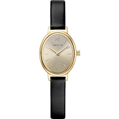 Billede af Bering Classic Oval dameur stål gulddoublé sort læderrem 20mm 3bar