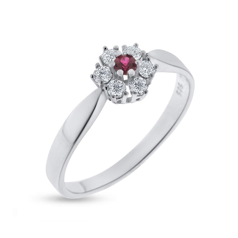 Billede af Rosetring 14kt hvg 1* rubin 2,5mm + 6* brill. á 0,05 ct w/vs