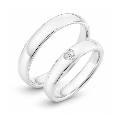 Billede af Vielses & Forlovelses ringe, 3* 0,01 w/vs., fattet i hjertefacon i damering 14 kt. hvg.