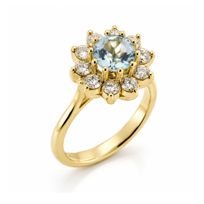 Billede af Rosetring akvamarin og 10 brillanter a 0,08 w/vs. 14 kt. guld