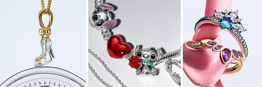 Askepot charm, Stitch med rose i munden på et stitch armbånd, Elsa tiararing og Anna tiararing