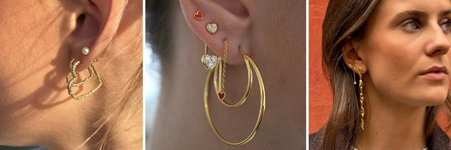Tre øreringe stylings. Aqua Dulce styling med Love Me heart. STINE A øreringe styling og en ENAMEL Copenhagen øreringe styling