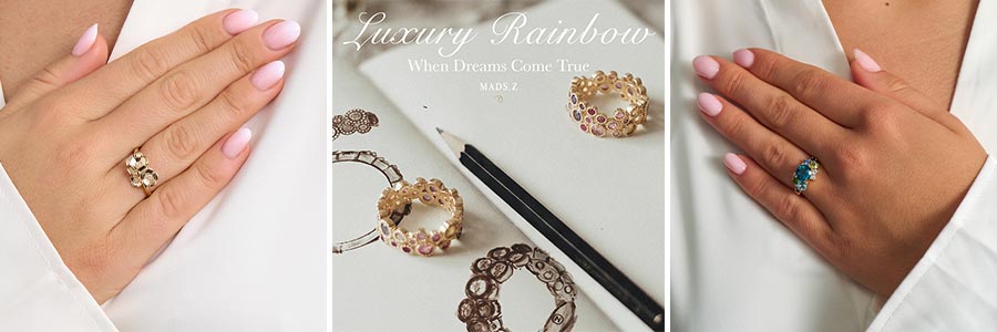 Mads Z ringe i guld. Fleur ring, luxury rainbow ring og four seasons winter ringen.