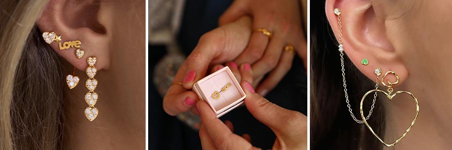 To forskellige STINE A øreringe-stylings samt fremvisning af en STINE A Lovebox