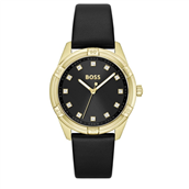 BOSS Rhea dameur stål gulddoublé sort læderrem 36mm 3bar