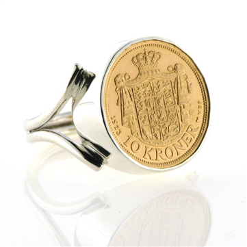 Ring sølv med guldmønt, Dansk 10 krone, ring i 925s sølv