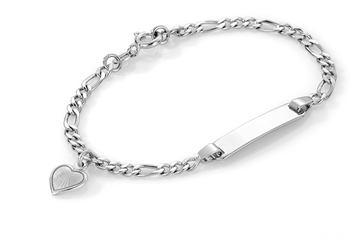 Pia & Per armbånd sølv figaro kæde m. id-plade og hjerte hvid emalje 15 cm