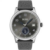 *Boss Legacy herreur stål læder+stof rem grå skive dato mineralglas 44mm